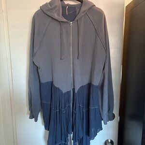 Free People Boho Ruffle Hem Zip Hoodie Tunic Gray Blue Size L
